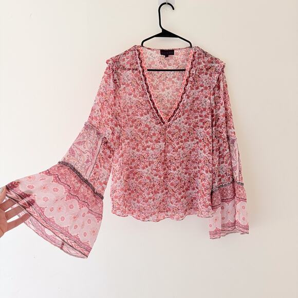 100% Silk Blouse Sheer Beaded Fairy Boho Hippie Romantic Delicate Festival L - Picture 3 of 11